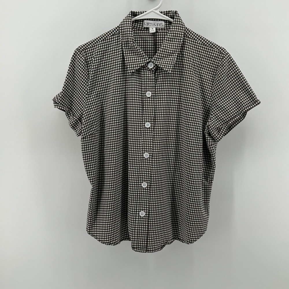 Karen‎ Kane Brown Gingham Check Short Sleeve Button Up Shirt 16 USA 90s Picnic